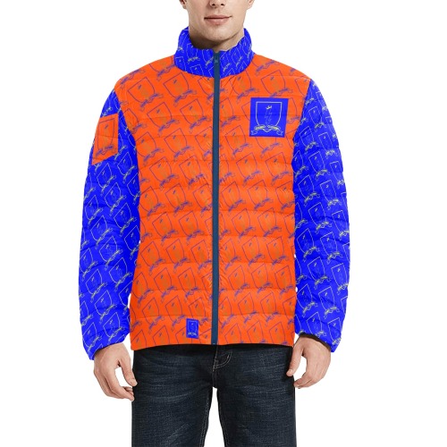 DIONIO Clothing - Lightning Shield Puffy Jacket (Orange & Blue, Blue & Yellow Logo) Men's Stand Collar Padded Jacket (Model H41)