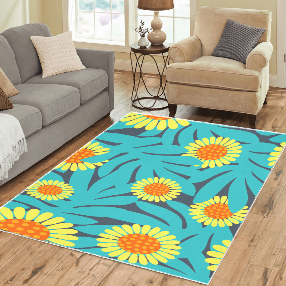 Yellow and Teal Paradise Jungle Flowers and Leaves Area Rug7'x5'