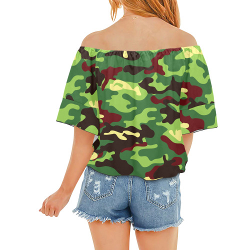 Streetwear Fashion Military Modern Army Camouflage Off Shoulder Knot Front Blouse (Model T71)