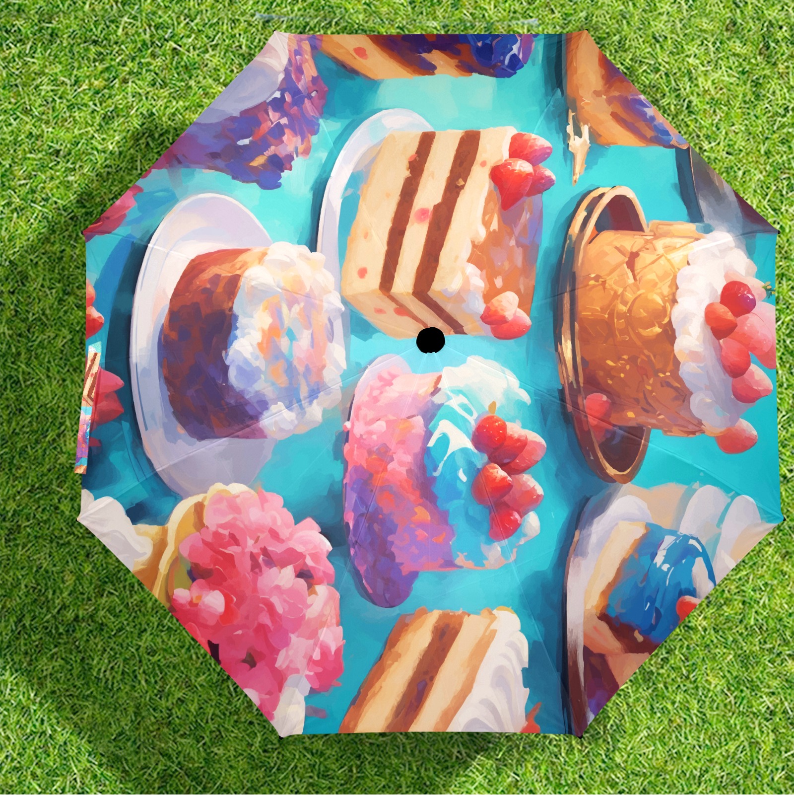 Variety of yummy cakes on a table. Sweet desserts. Semi-Automatic Foldable Umbrella (Model U12)