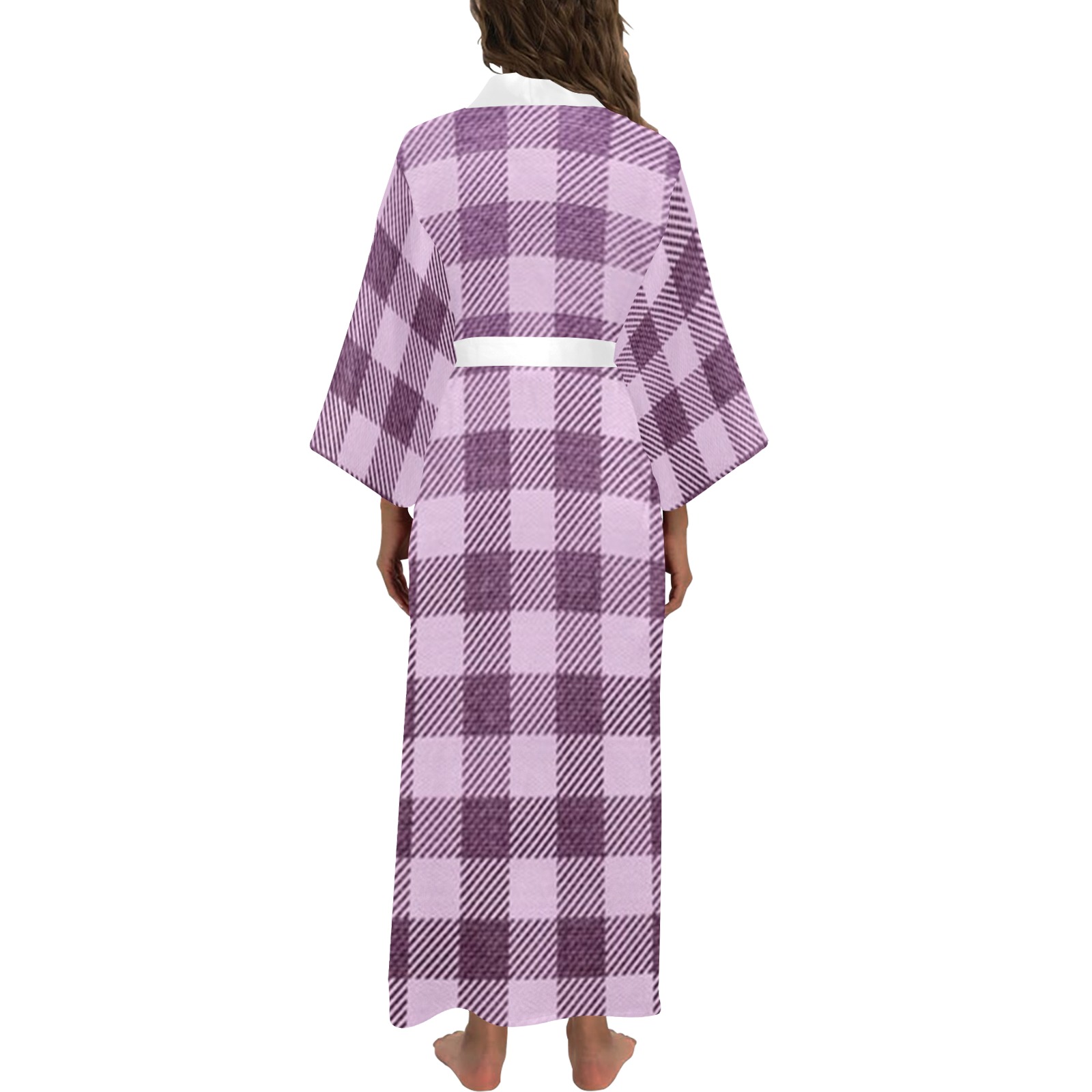 Pastel Rose Plaid Long Kimono Robe