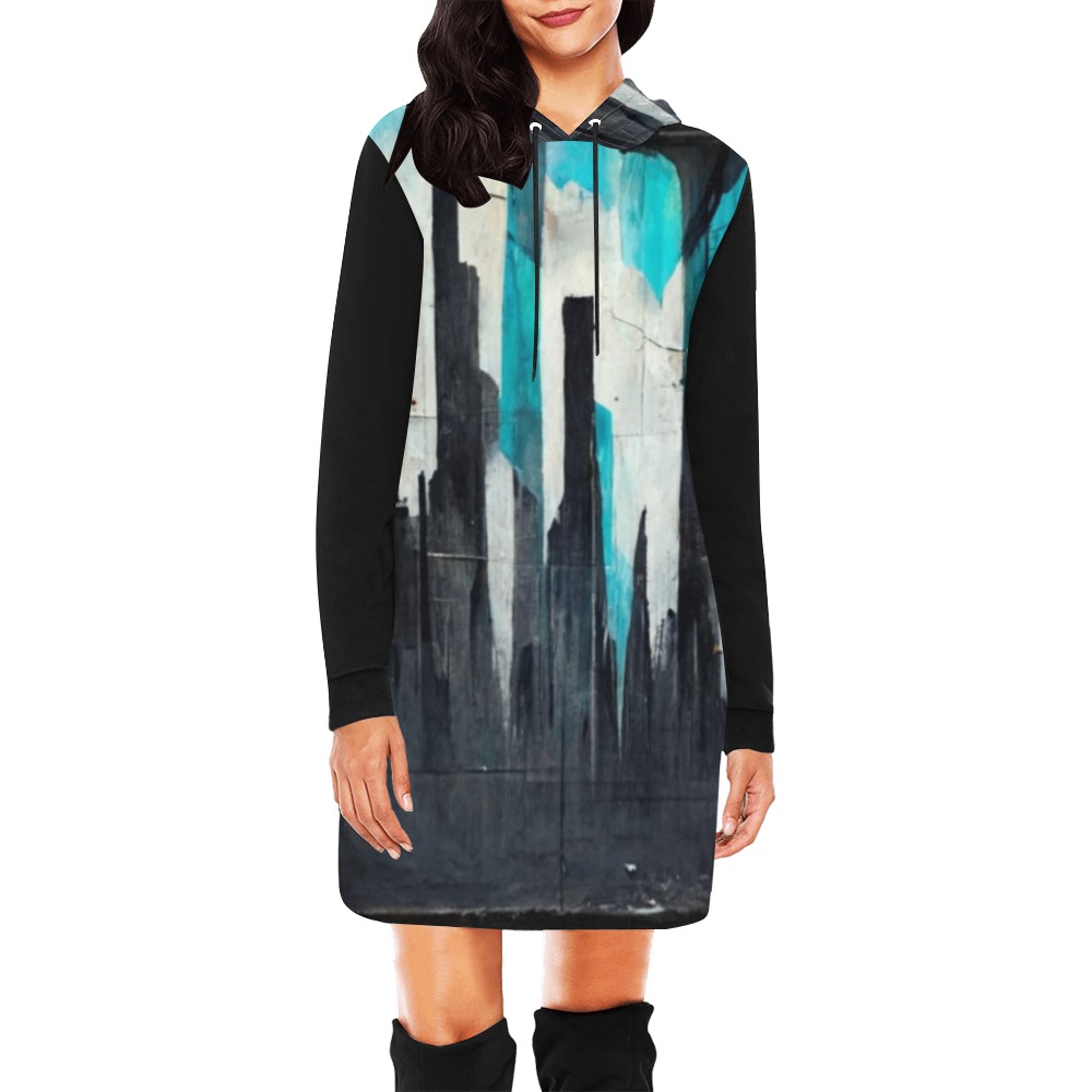 graffiti buildings black white and turquoise 1 All Over Print Hoodie Mini Dress (Model H27)
