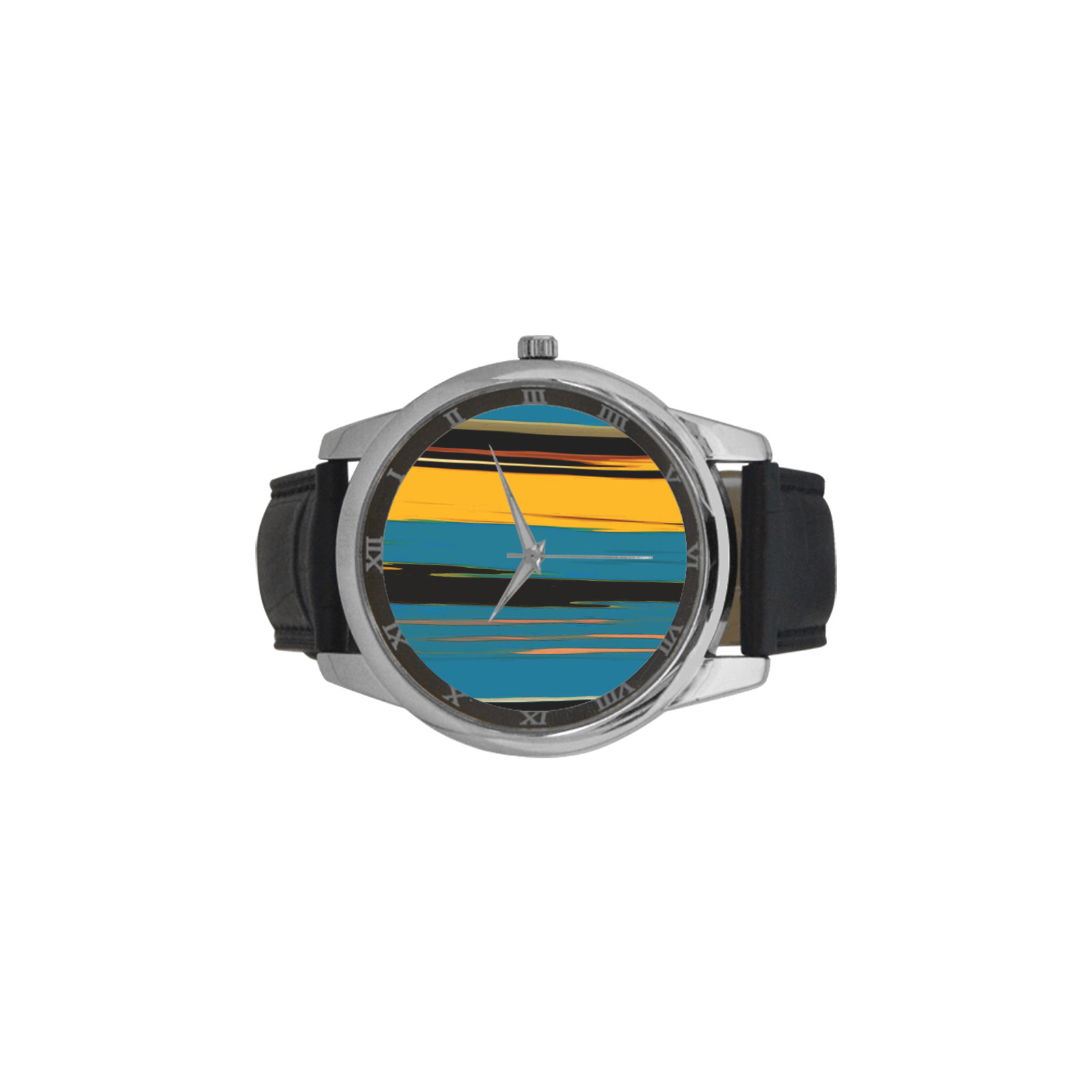 Black Turquoise And Orange Go! Abstract Art Men's Leather Strap Large Dial Watch(Model 213)