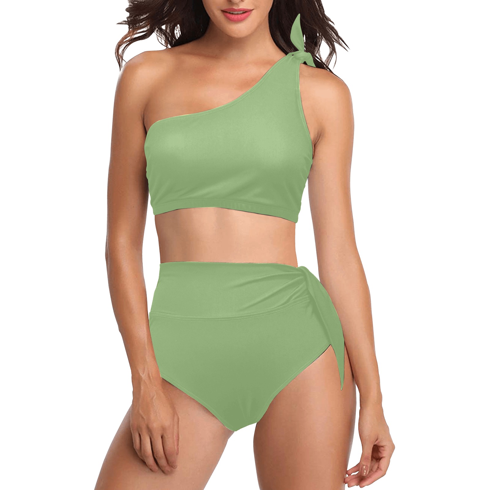 color asparagus High Waisted One Shoulder Bikini Set (Model S16)