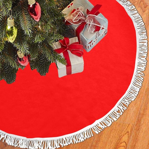 Merry Christmas Red Solid Color Thick Fringe Christmas Tree Skirt 36"x36"