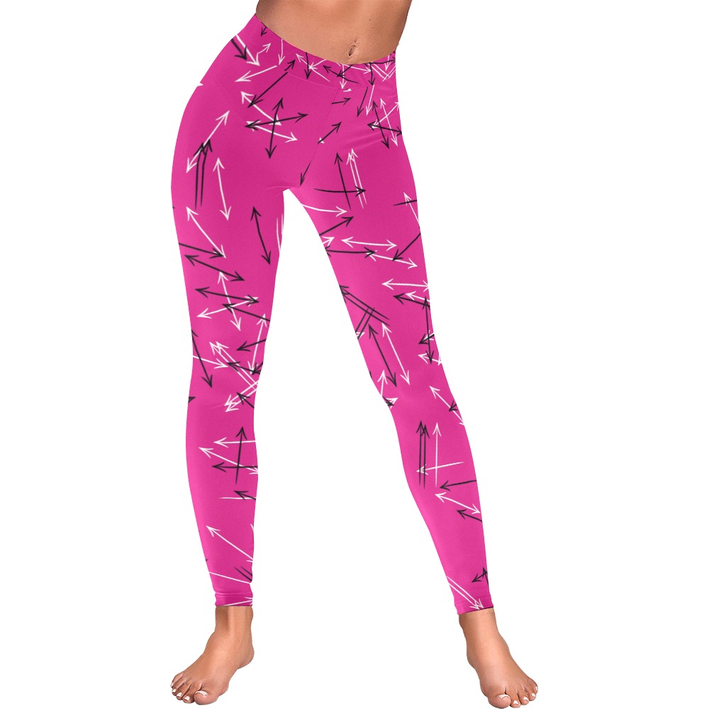 Arrows Every Direction Black/White on Pink Women's Low Rise Leggings (Invisible Stitch) (Model L05)