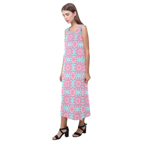 Pink Daisy Pattern Phaedra Sleeveless Open Fork Long Dress (Model D08)