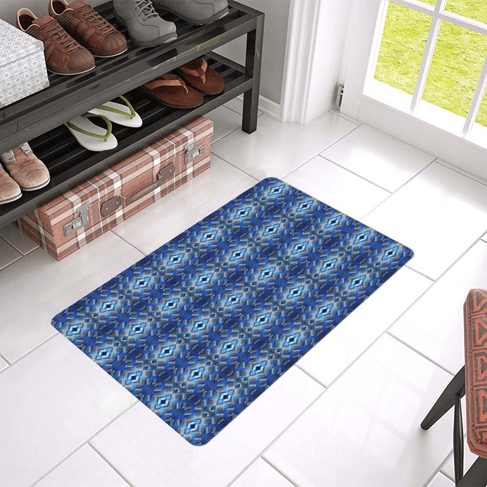 blue and white repeating pattern Doormat 24"x16" (Black Base)