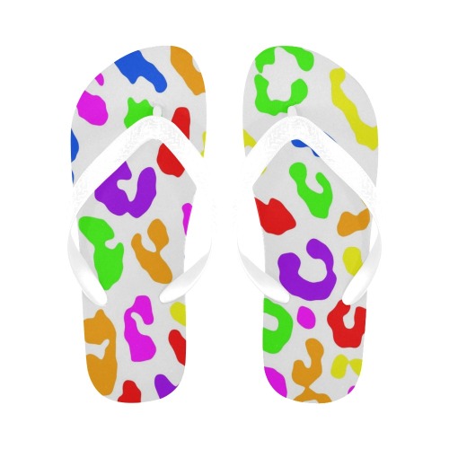 Leopard Print Rainbow White Flip Flops for Men/Women (Model 040)