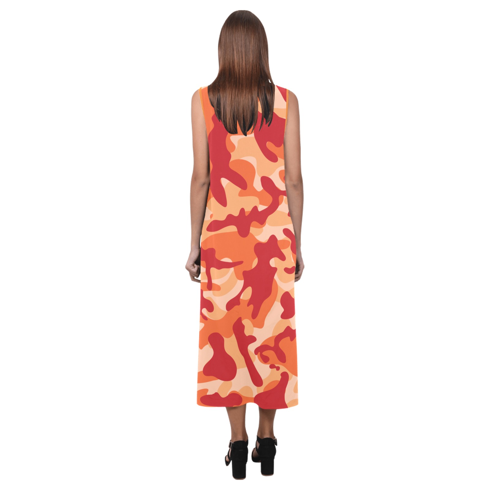 Red Rainbow Camo Pattern Phaedra Sleeveless Open Fork Long Dress (Model D08)