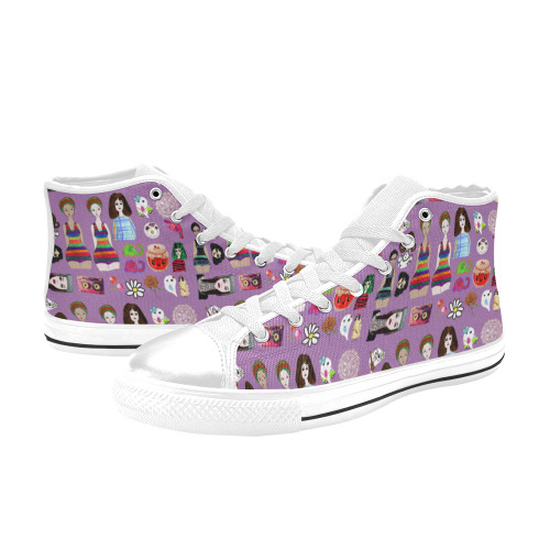 drawing collage purple High Top Canvas Shoes for Kid (Model 017)