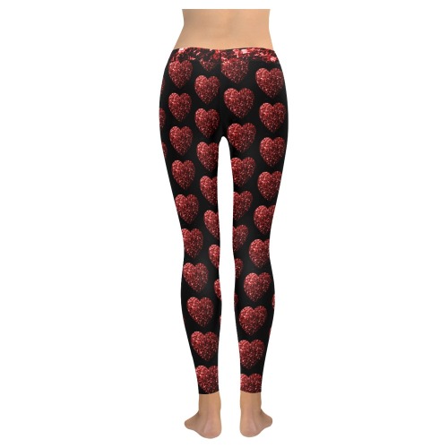 Red sparkles heart faux glitter Valentines Day love pattern on black Women's Low Rise Leggings (Invisible Stitch) (Model L05)