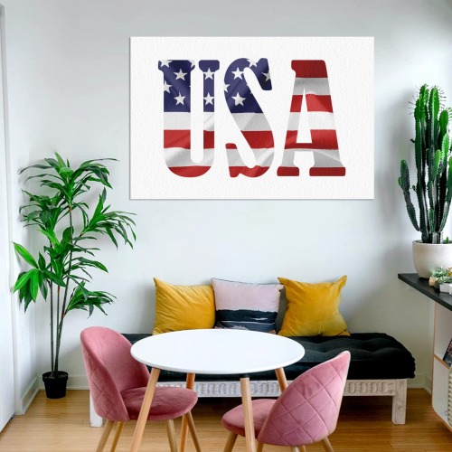 USA text decorated with the American flag art. Frame Canvas Print 48"x32"