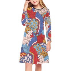 Retro Mod Abstract Floral Girls' Long Sleeve Dress (Model D59)