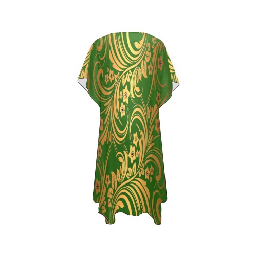 Green & Vintage Gold Floral Swirl Mid-Length Side Slits Chiffon Cover Ups (Model H50)