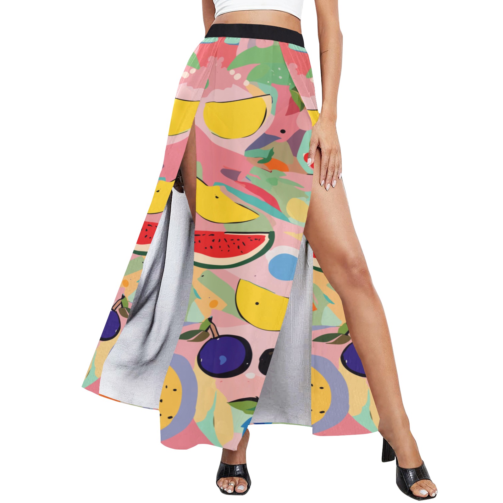 Colorful summer fruits. Positive fantasy art. High Slit Long Beach Dress (Model S40)
