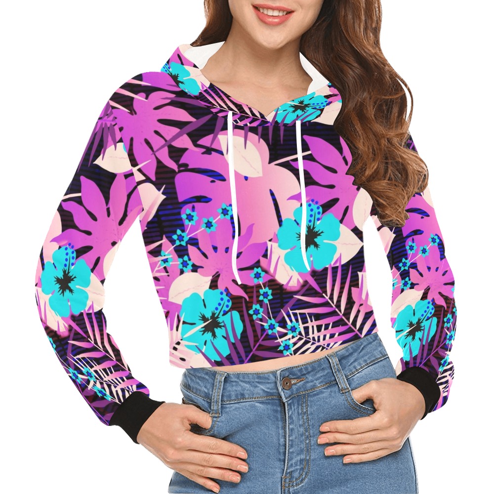 GROOVY FUNK THING FLORAL PURPLE All Over Print Crop Hoodie for Women (Model H22)