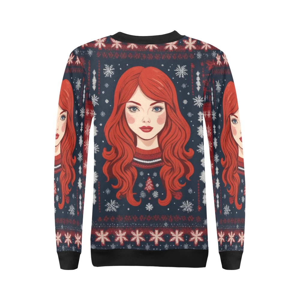 Lovely redhead girl, winter snowflakes pattern. All Over Print Crewneck Sweatshirt for Women (Model H18)
