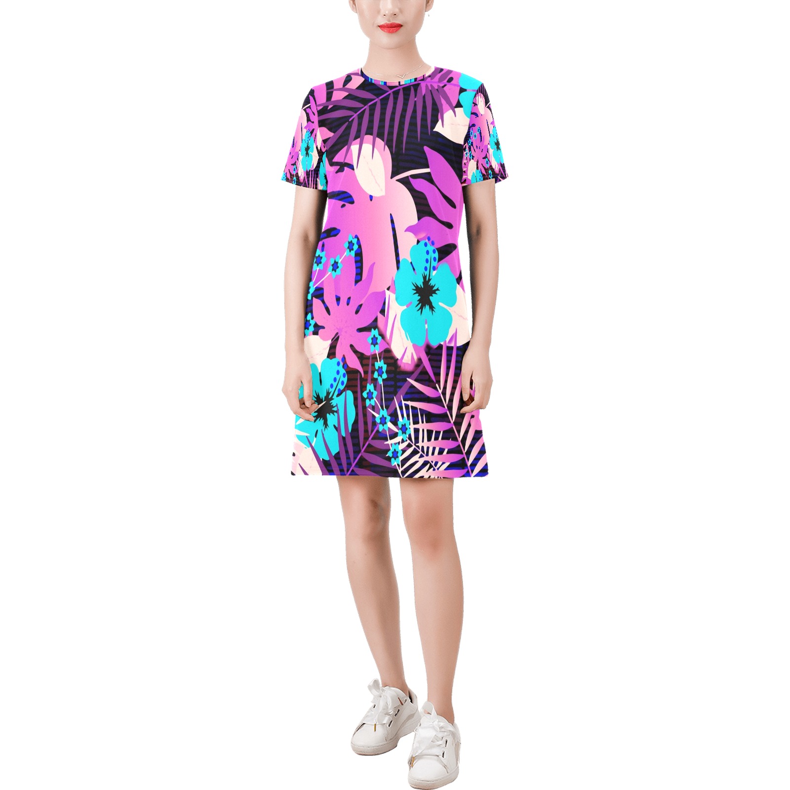 GROOVY FUNK THING FLORAL PURPLE Short-Sleeve Round Neck A-Line Dress (Model D47)