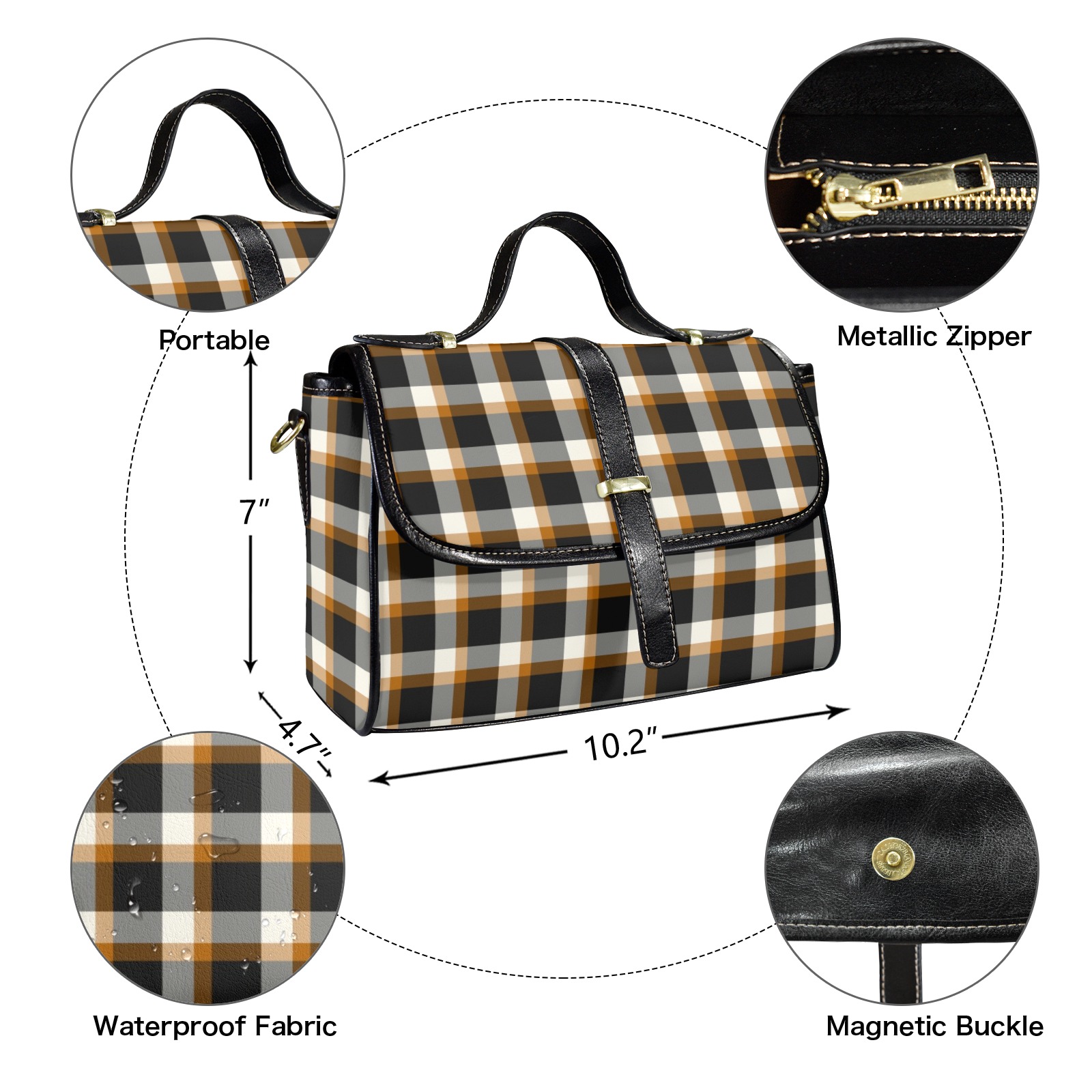 Classic Plaid (Tan) Multi-Function Leather Satchel-Black (Model 1739)