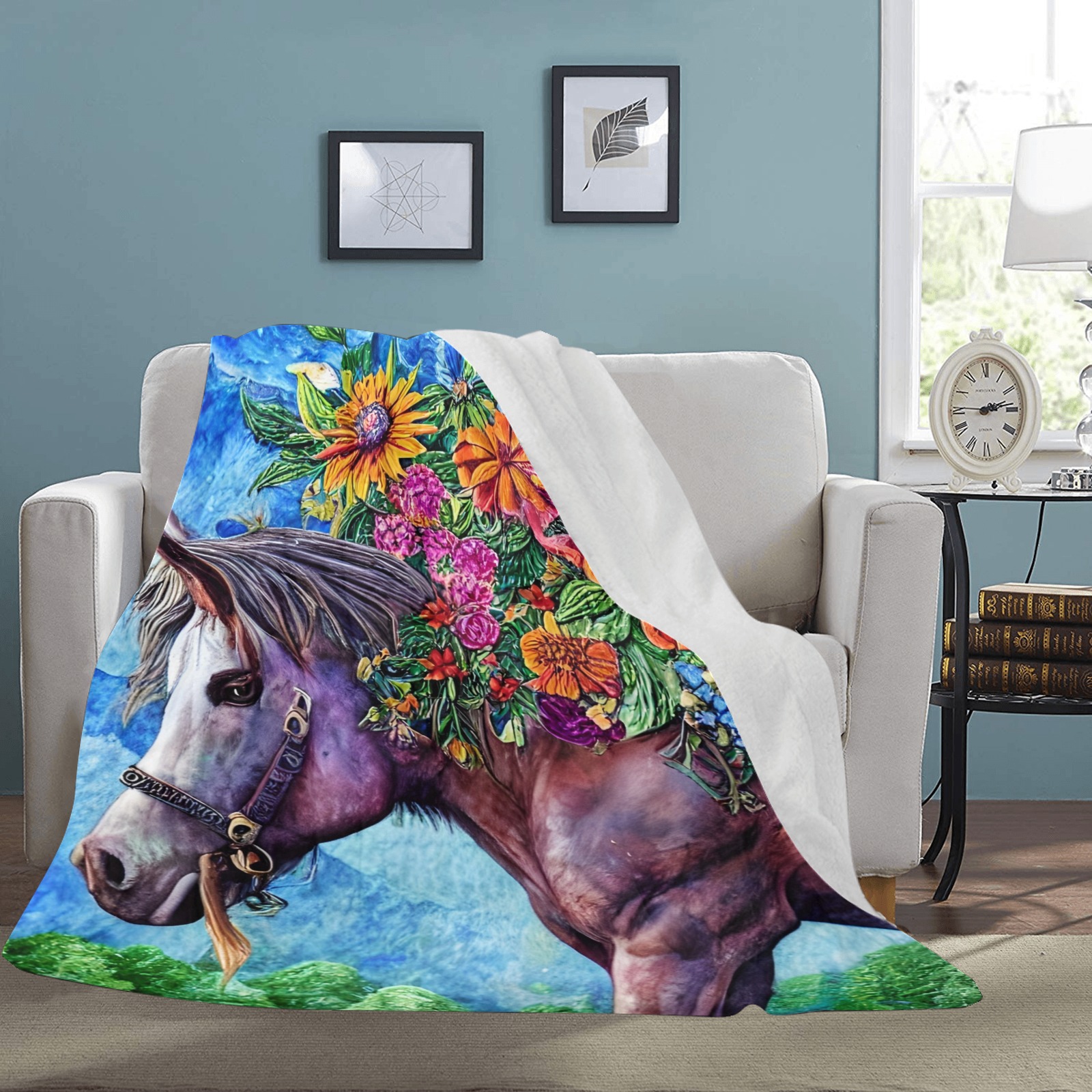 Boho Simulated Quilt Horse Artwork Ultra-Soft Micro Fleece Blanket 70''x80''