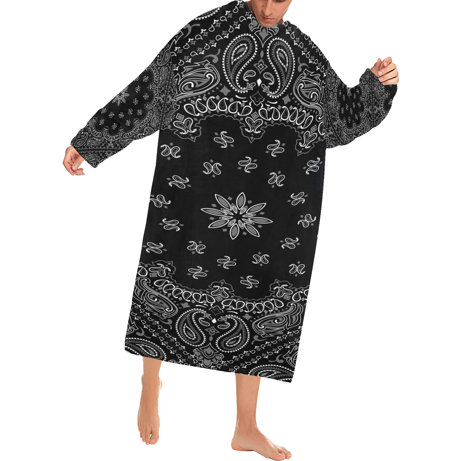 Black Bandanna Pattern Blanket Robe with Sleeves for Adults