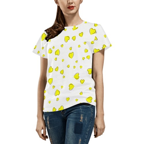 Yellow Hearts Floating on White All Over Print T-Shirt for Women (USA Size) (Model T40)