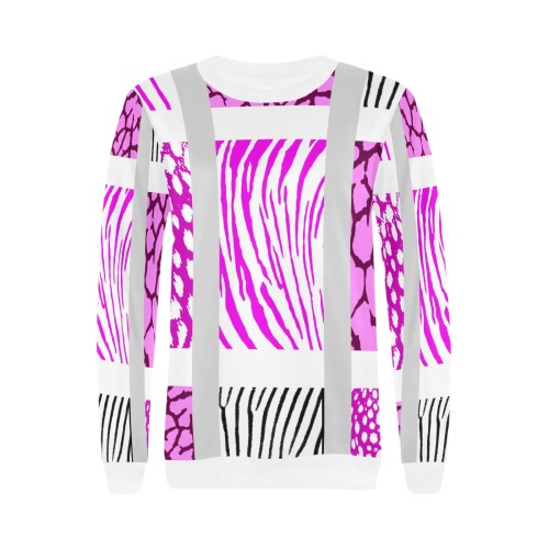 White and Pink Mixed Animal Print Women's Rib Cuff Crew Neck Sweatshirt (Model H34)
