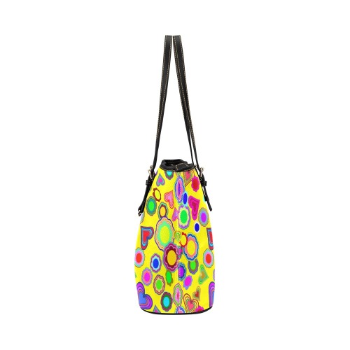 Groovy Hearts and Flowers Yellow Leather Tote Bag/Large (Model 1651)