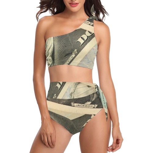 US PAPER CURRENCY High Waisted One Shoulder Bikini Set (Model S16)