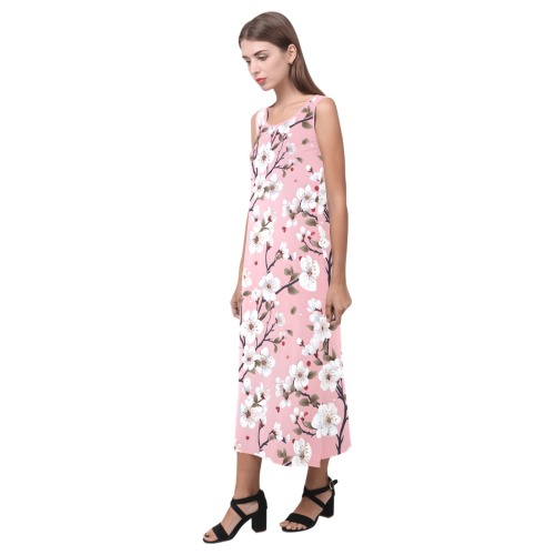 Cherry Blossoms  And Pink Pattern Phaedra Sleeveless Open Fork Long Dress (Model D08)