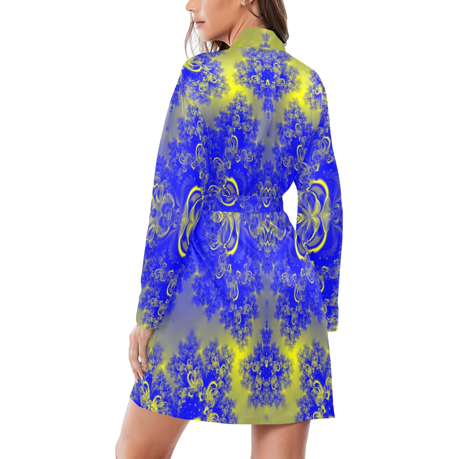 Sunlight and Blueberry Plants Frost Fractal Women's Long Sleeve Belted Night Robe