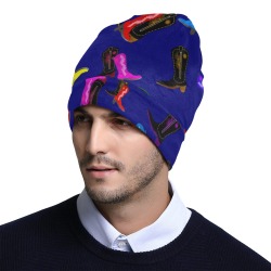 Colorful Cowboy Boots on Blue All Over Print Beanie for Adults