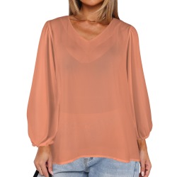 Coral Rose Women's Loose V-Neck Long Puff Sleeve Top (Model H70)