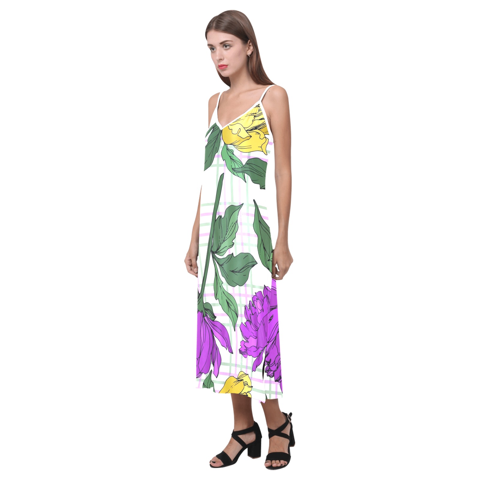 Multicolored-Peony Flowers & Leaves Print V-Neck Open Fork Long Dress(Model D18)