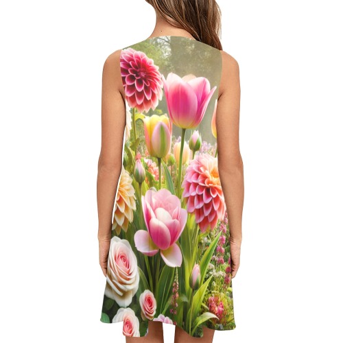 tulips and dahlias Sleeveless A-Line Pocket Dress (Model D57)