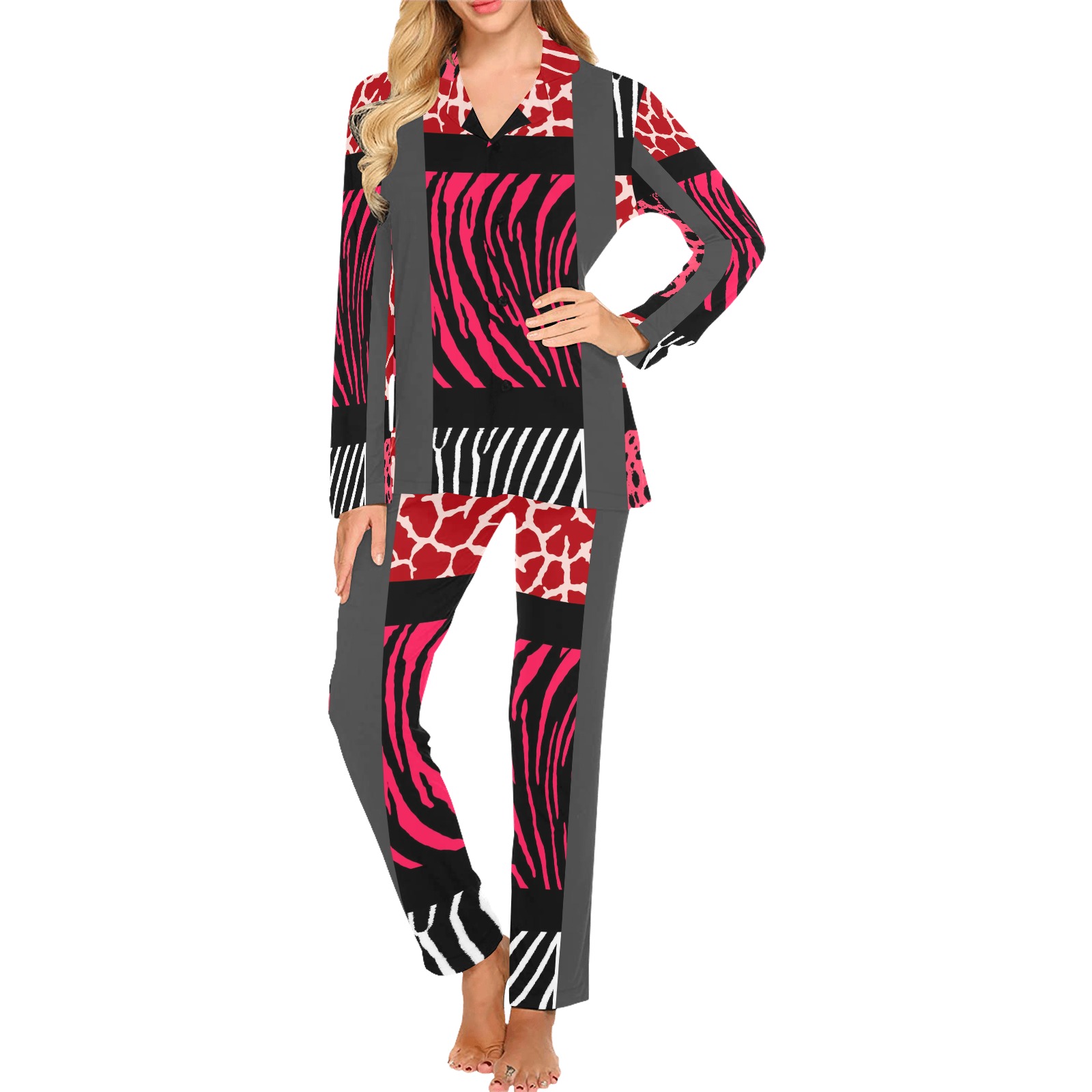 Red Mixed Animal Print Women's Long Pajama Set
