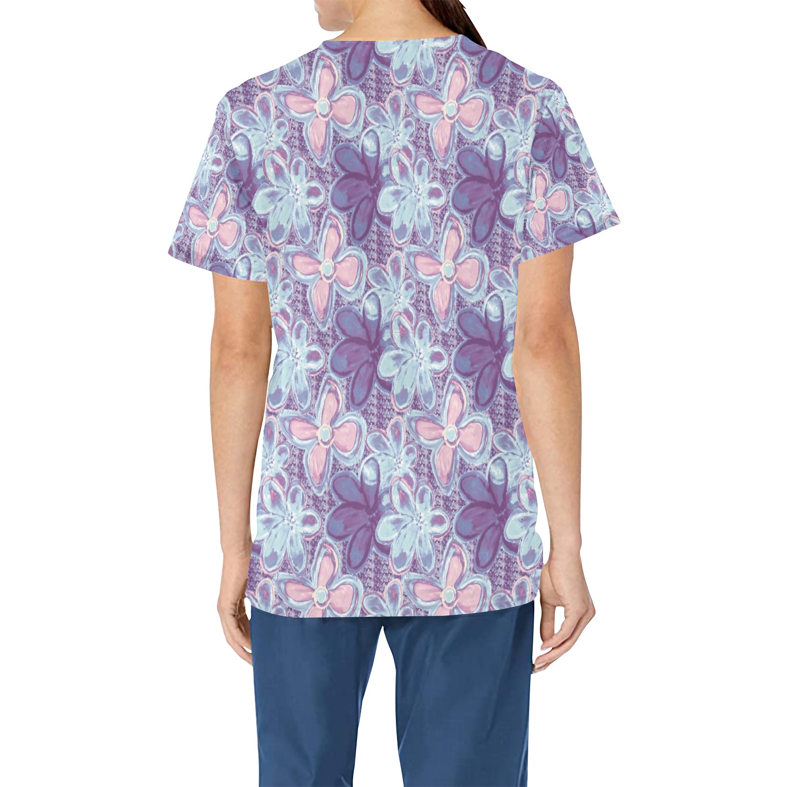 Fashionable  blue floral All Over Print Scrub Top