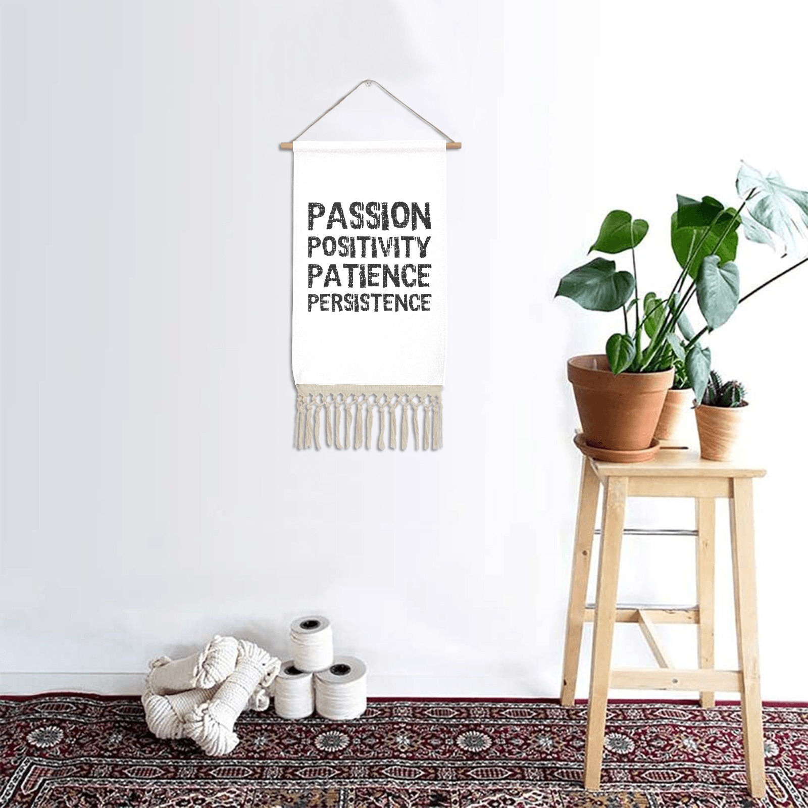Passion, positivity, patience, persistence black Linen Hanging Poster