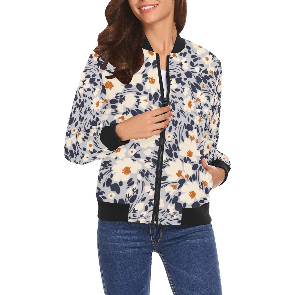 BW tropical floral All Over Print Bomber Jacket for Women (Model H19)