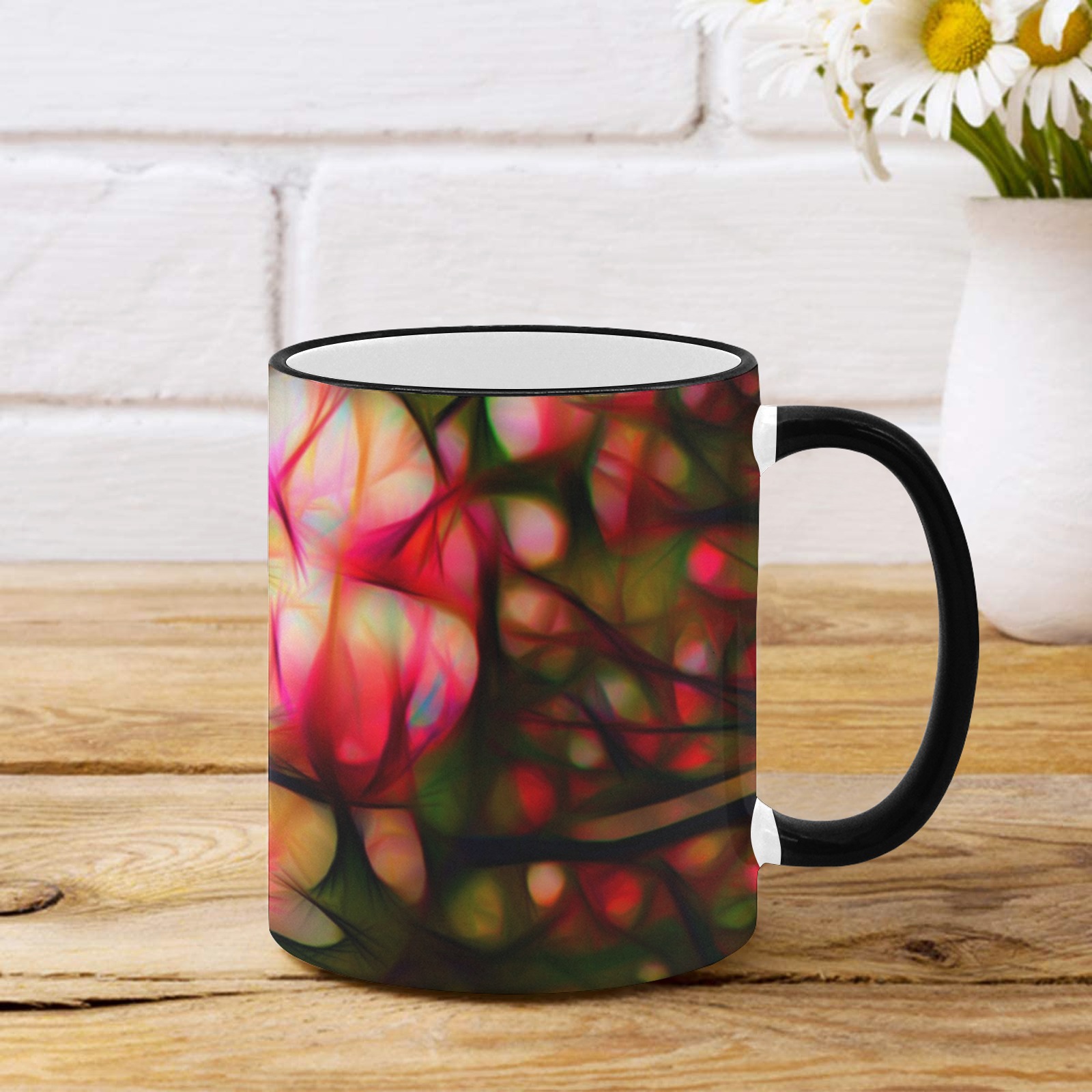 Artistic Pink and White Flowers Custom Edge Color Mug (11oz)