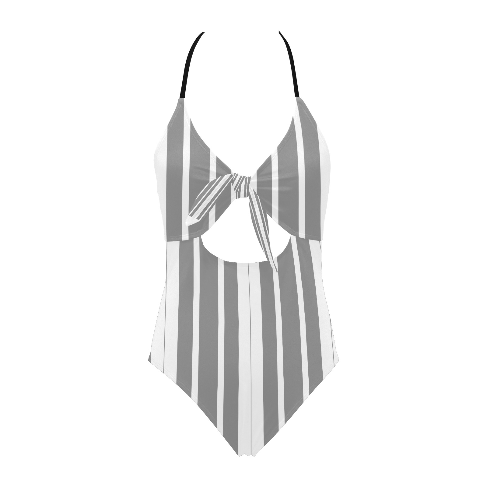 Gray and White Stripes Backless Hollow Out Bow Tie Swimsuit (Model S17)