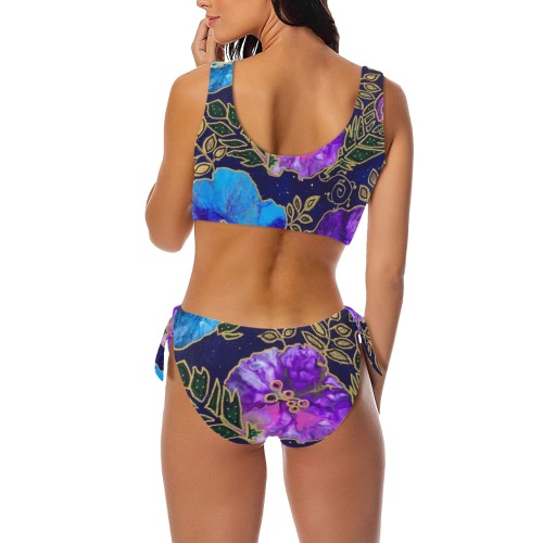 Dark Blue Floral Bow Tie Front Bikini Swimsuit (Model S38)