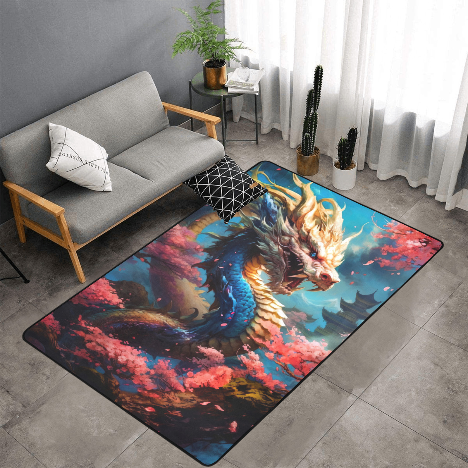 Dragon world area rug Area Rug with Black Binding 7'x5'