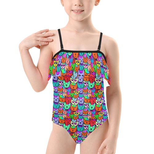 Rainbow Cats Kids' Spaghetti Strap Ruffle Swimsuit (Model S26)
