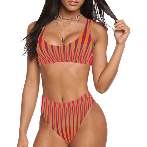 Tribal burgundy orange fucsia cyan Sport Top & High-Waisted Bikini Swimsuit (Model S07)