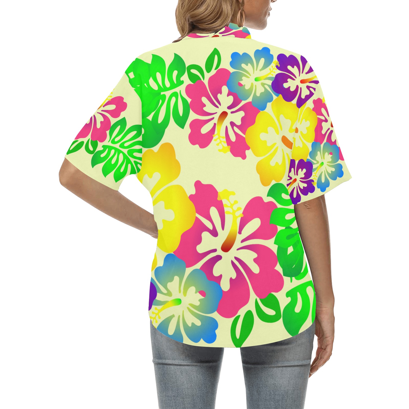 Hibiscus Hawaiian Flowers on Yellow All Over Print Hawaiian Shirt for Women (Model T58)