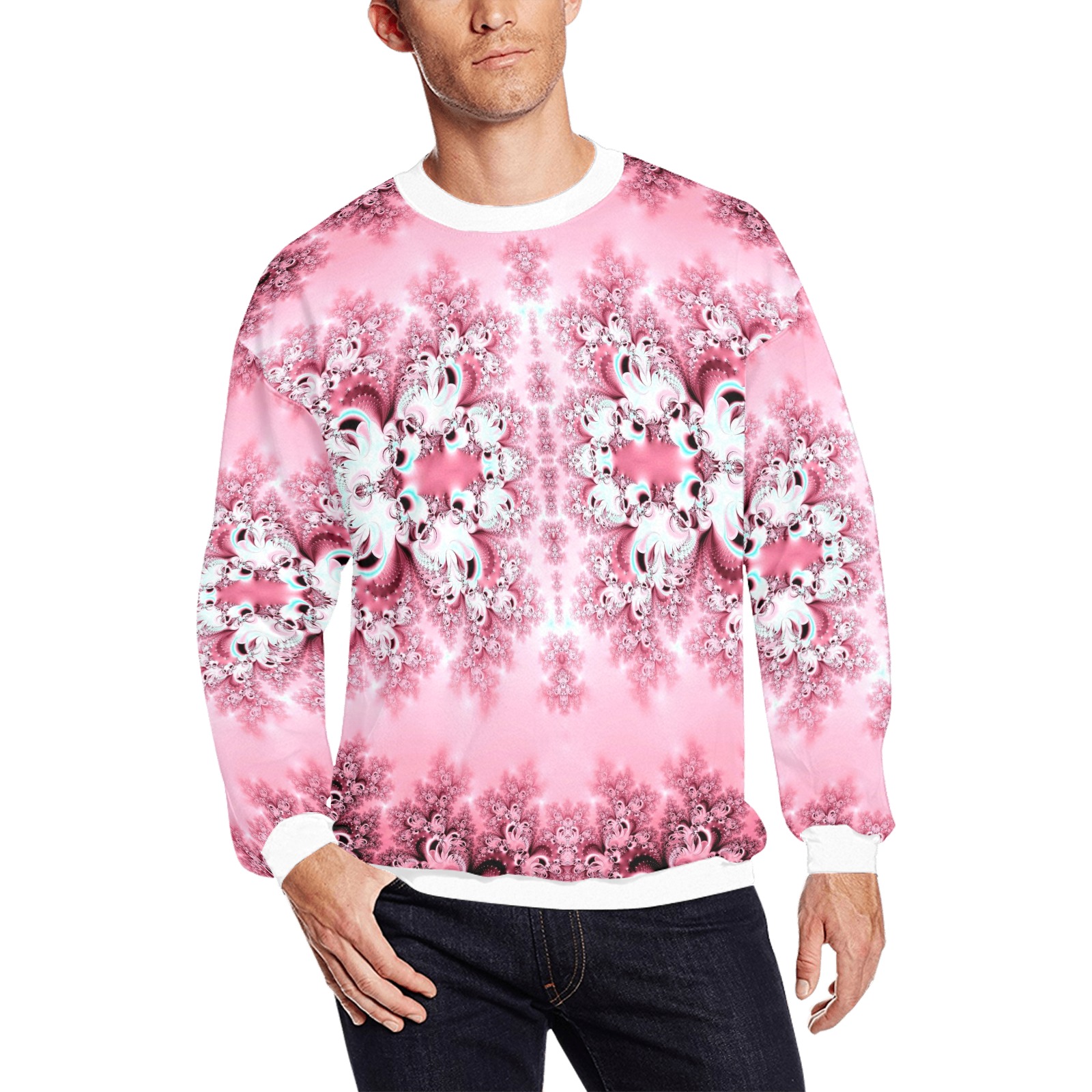 Pink Rose Garden Frost Fractal All Over Print Crewneck Sweatshirt for Men (Model H18)