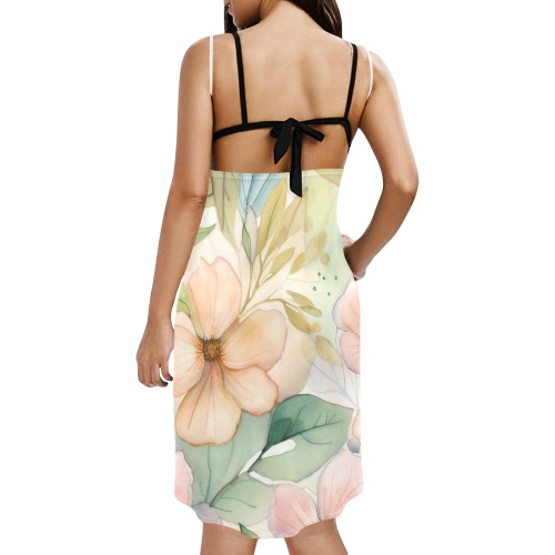 Watercolor Floral 1 Spaghetti Strap Backless Beach Cover Up Dress (Model D65)