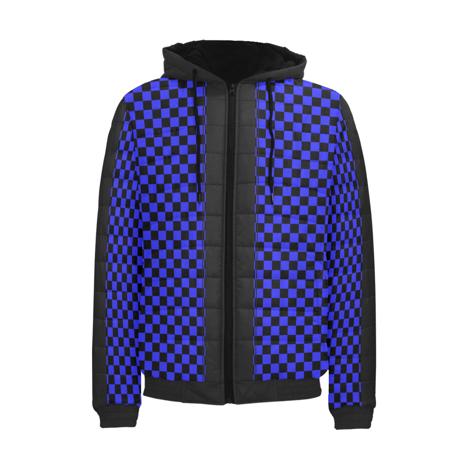 Checkerboard Blue Black Stripe Racing Men's Padded Hooded Jacket (Model H42)